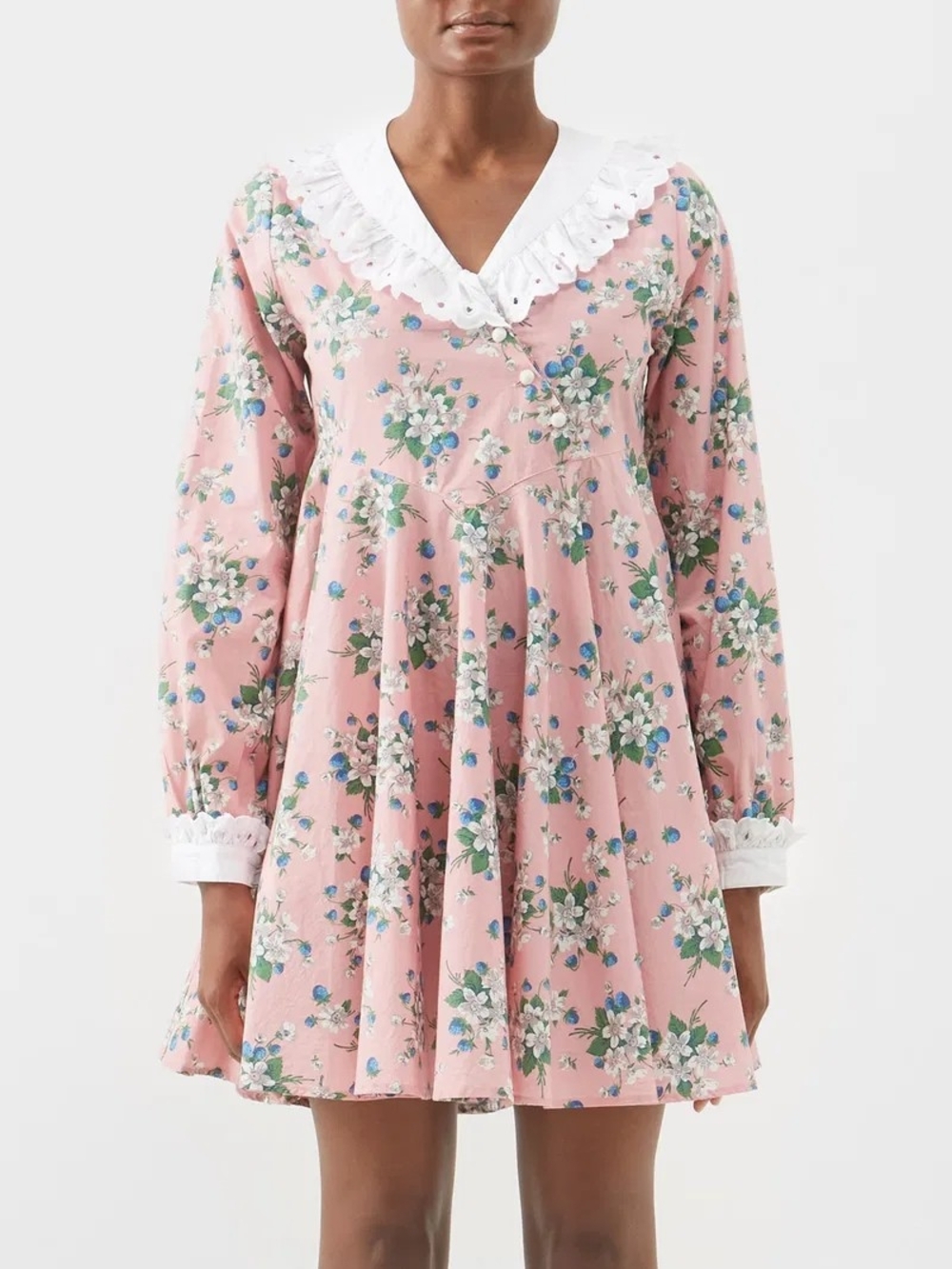 Batsheva Harper Broderie-Collar Floral Cotton Pink Mini Dress